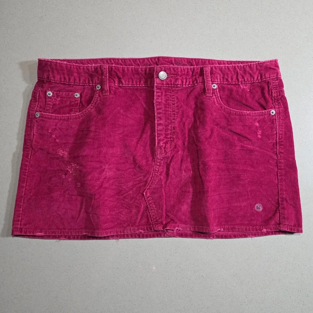 American Eagle Magenta Pink Corduroy Distressed Mini Skirt Size 14
